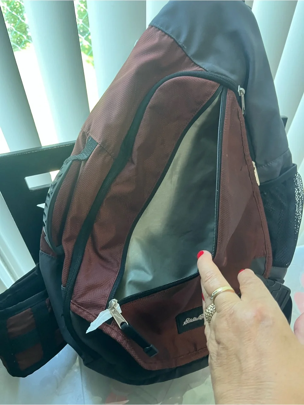 Eddie Bauer Burgundy and Black Sling Backpack